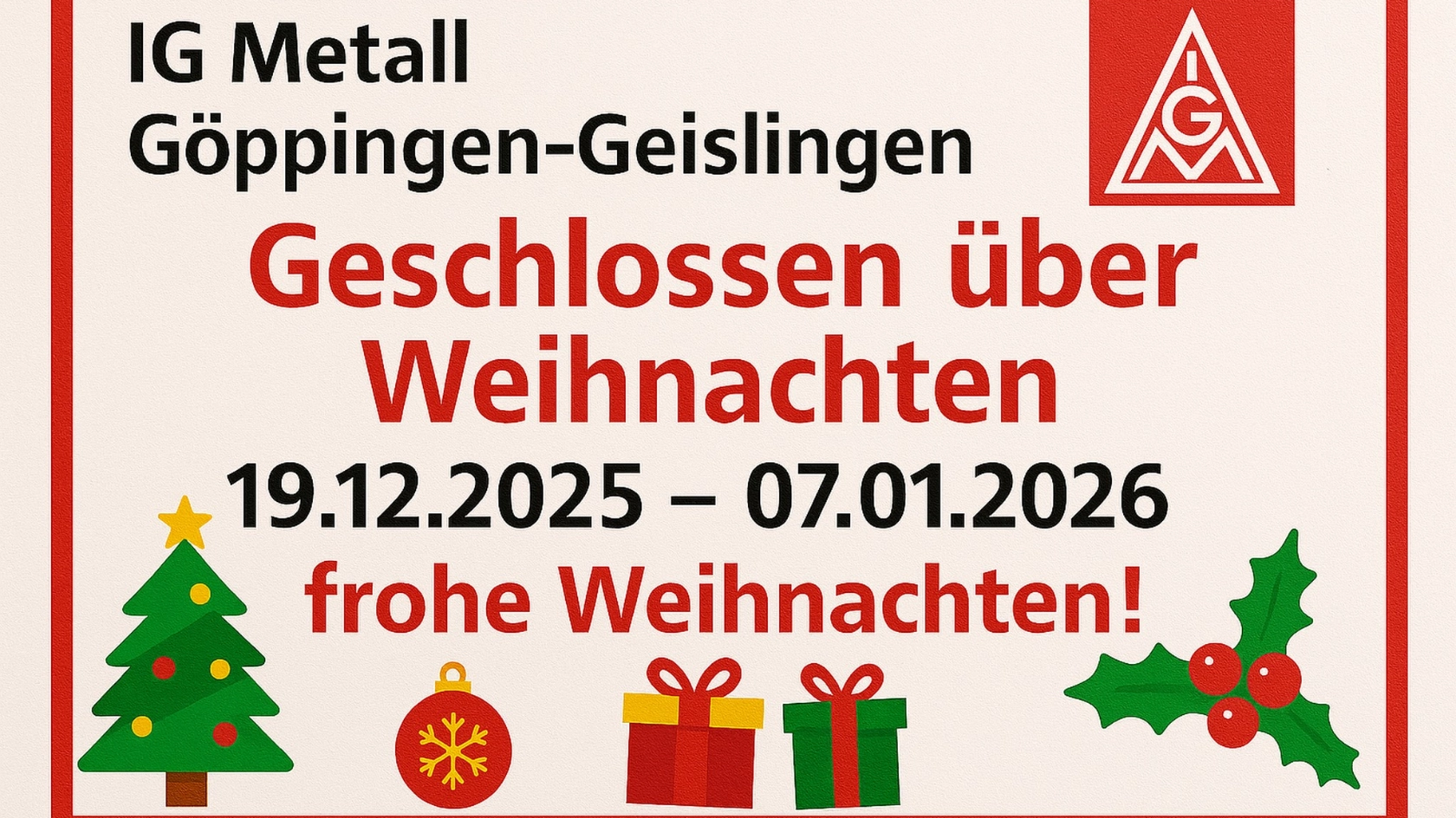 Schließzeiten Weihnachten 2025