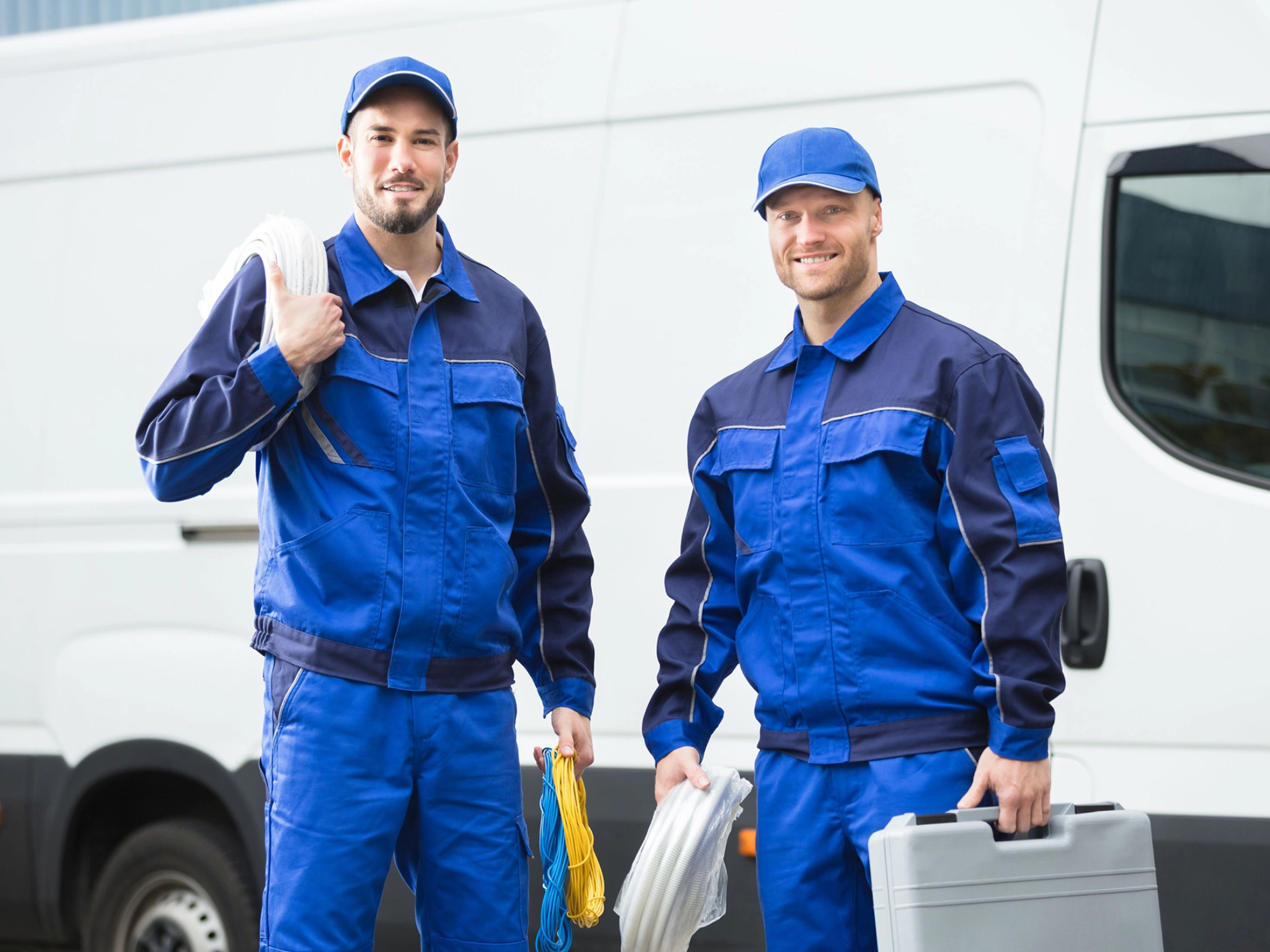 Zwei Techniker mit Kabeln und Werkzeug vor ihrem Lieferwagen